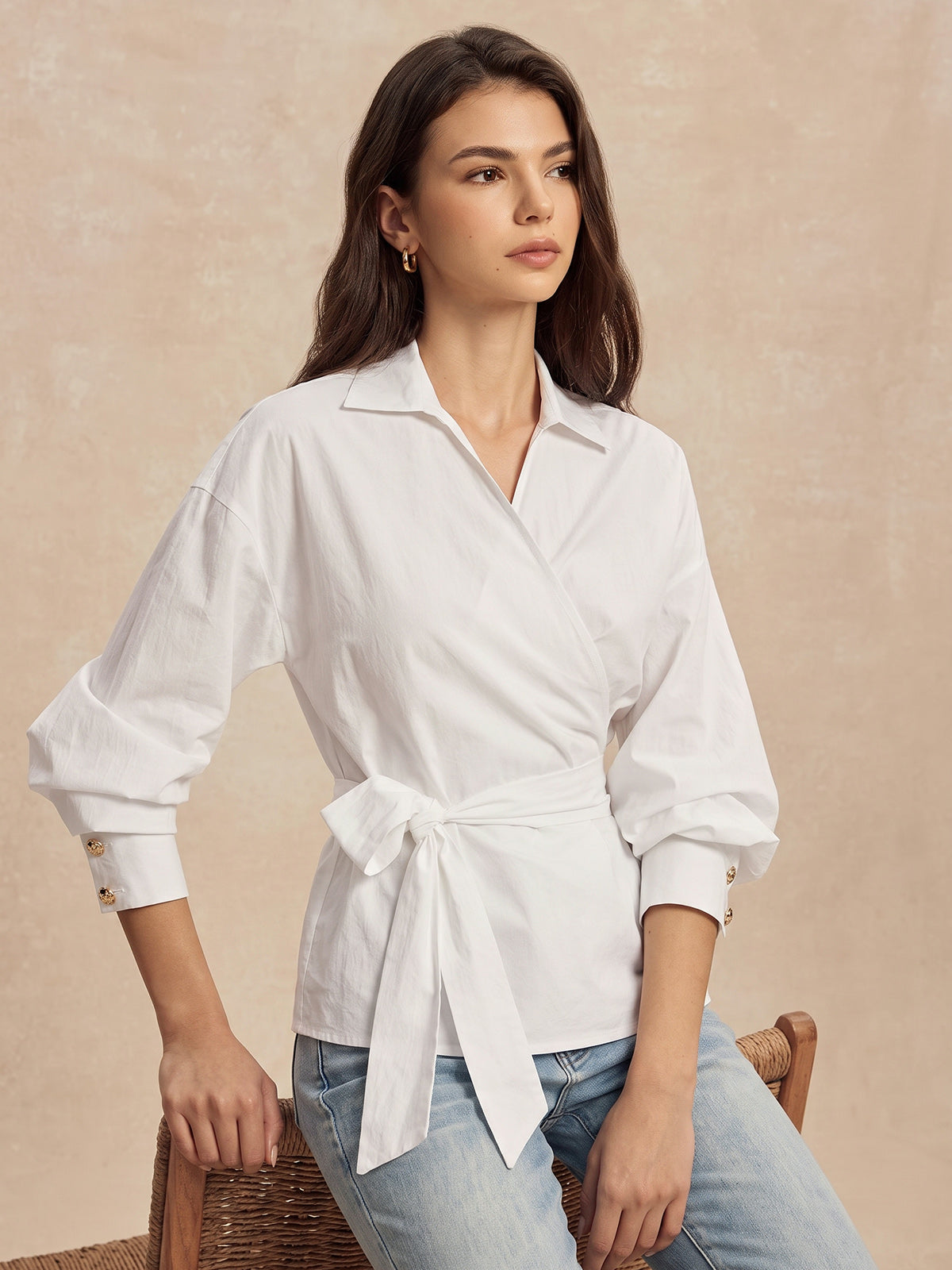 Long Sleeve Wrap Tie Waist Blouse