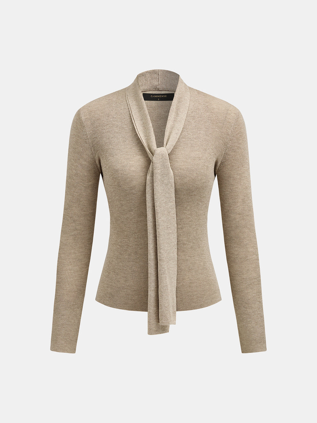 Tie Neck Ribbed Long Sleeve Knit Top