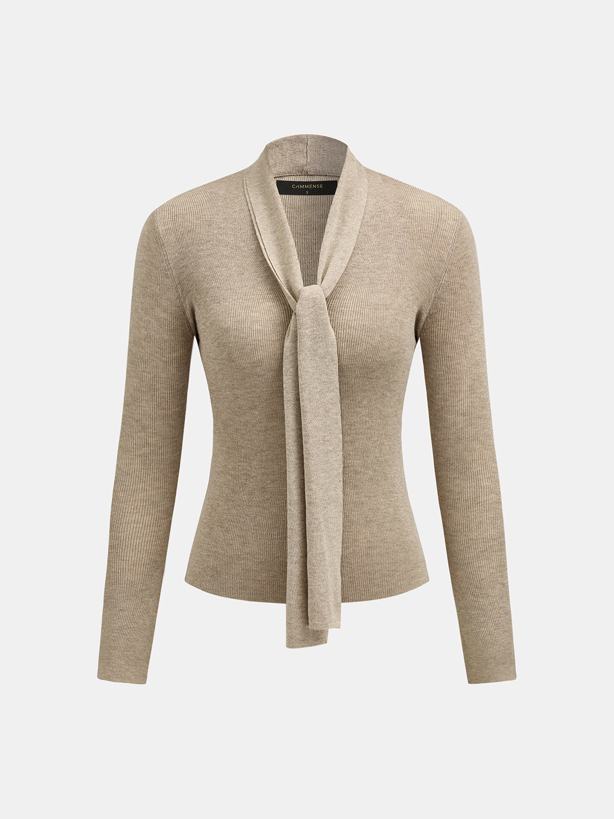 Tie Neck Ribbed Long Sleeve Knit Top