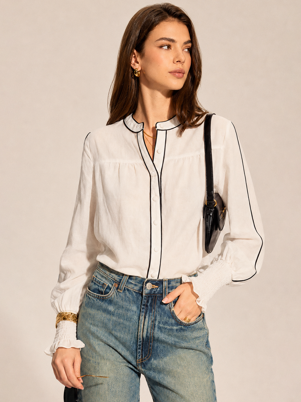 Semi-Sheer Contrast Piping Ruffle Cuff Blouse
