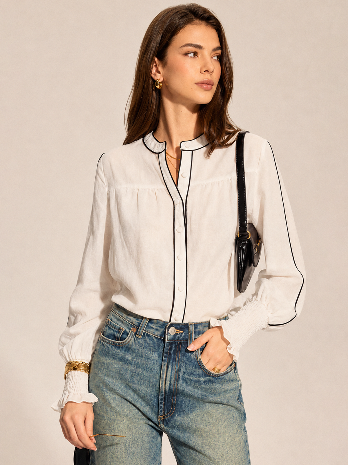 Semi-Sheer Contrast Piping Ruffle Cuff Blouse