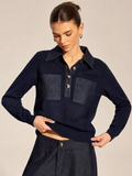 Long Sleeve Denim Patch Collared Knit Top