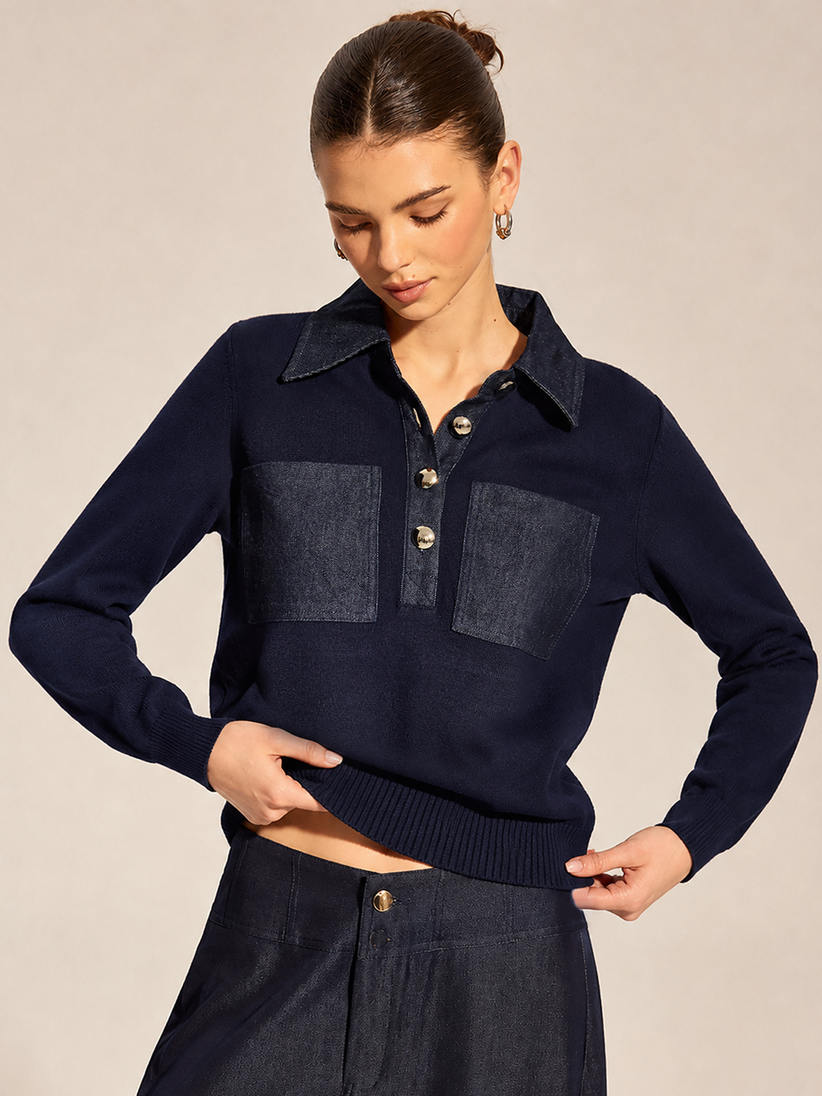 Long Sleeve Denim Patch Collared Knit Top