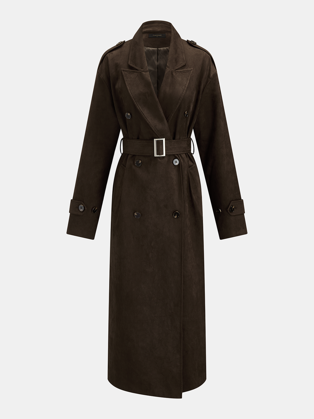 Suede Effect Belted Double‑Breasted Trench Coat