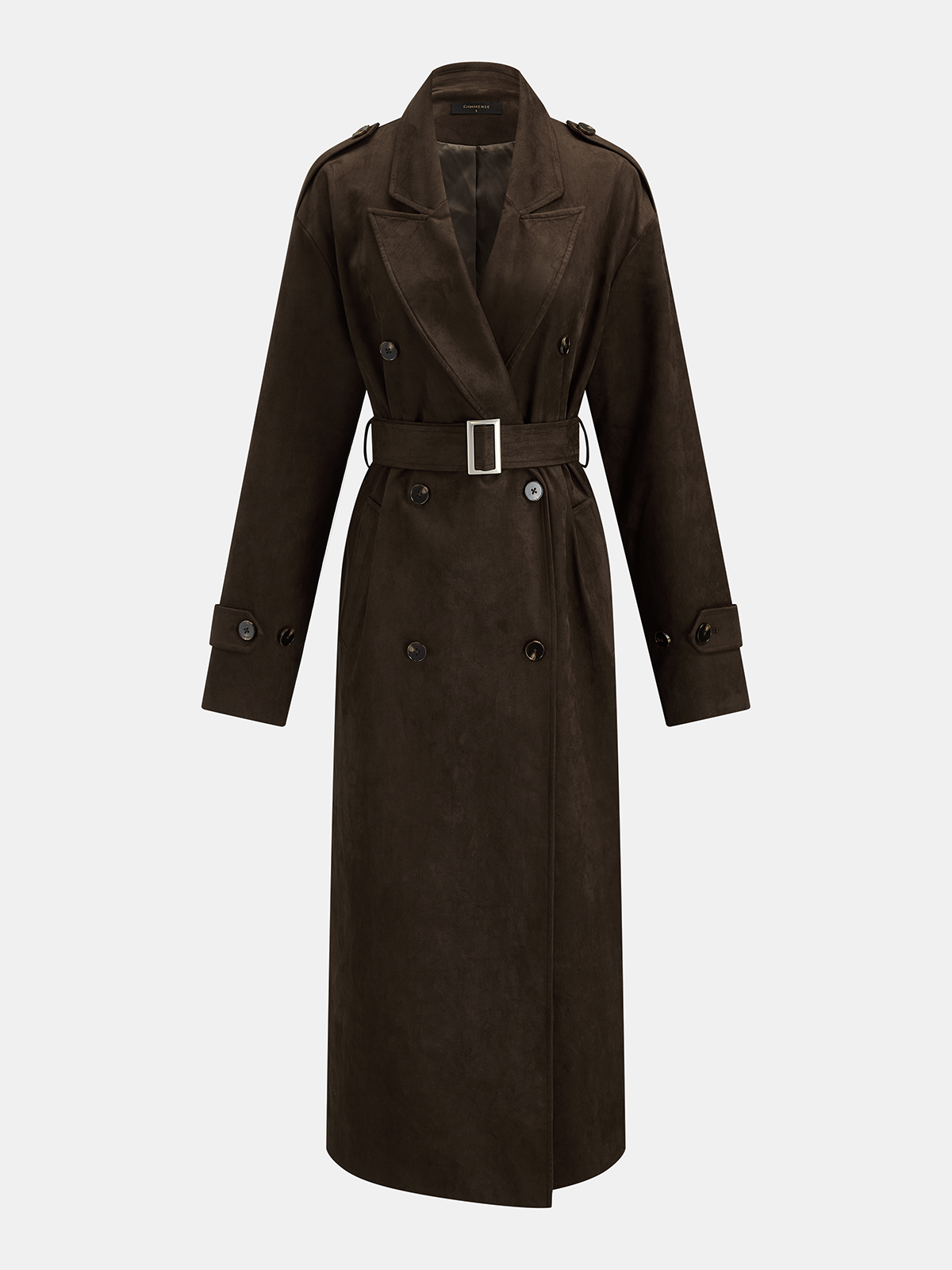 Suede Effect Belted Double‑Breasted Trench Coat
