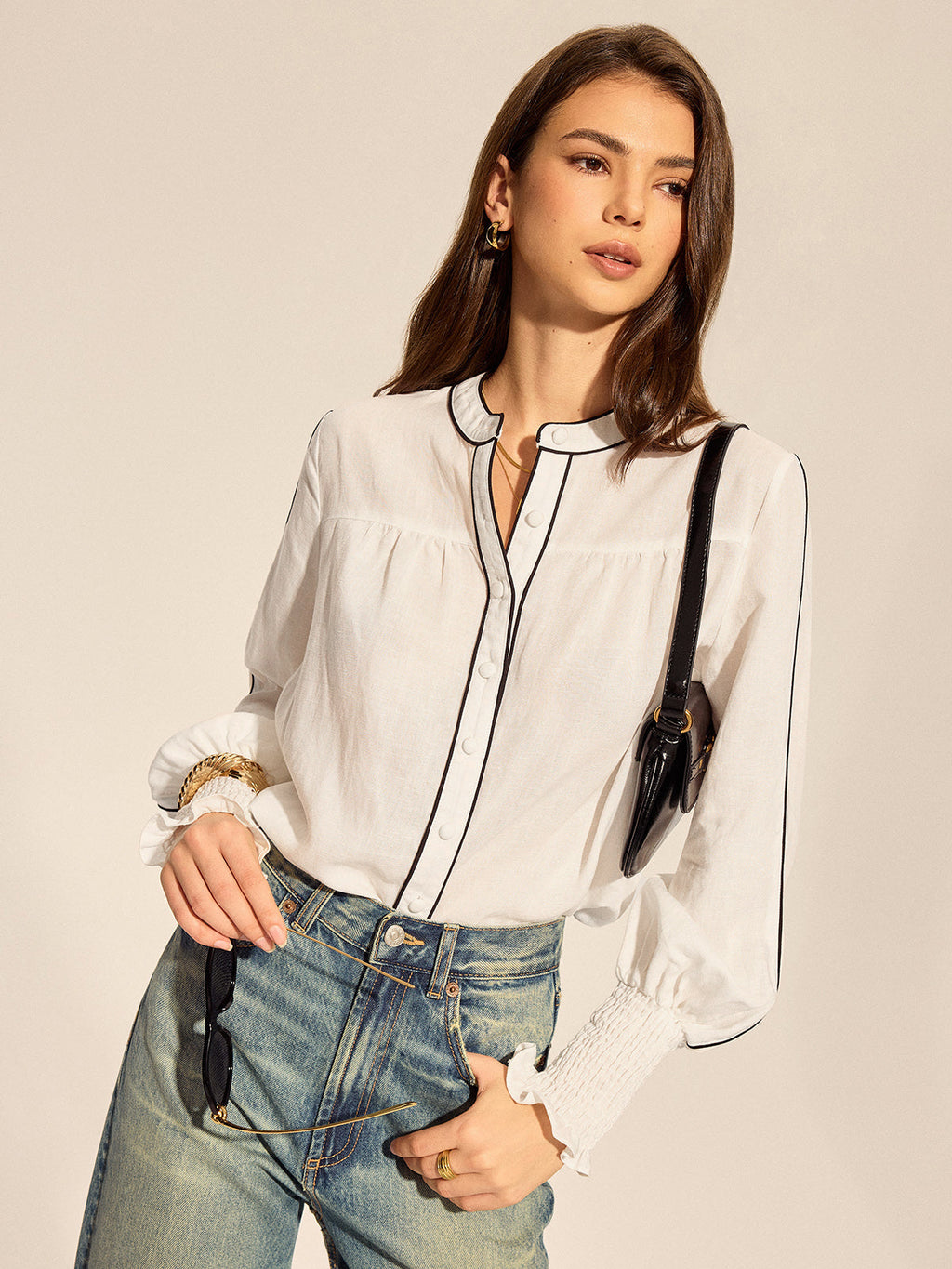 Semi-Sheer Contrast Piping Ruffle Cuff Blouse