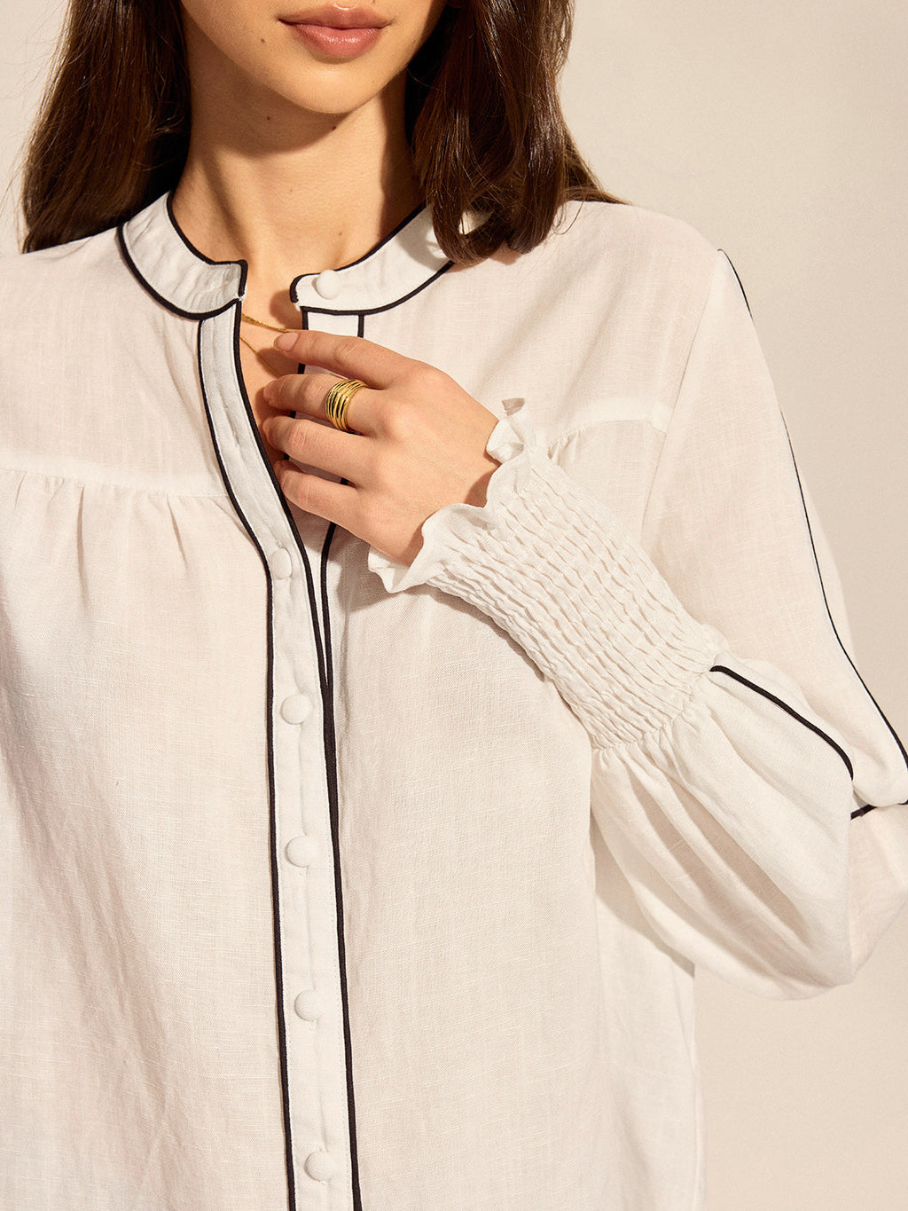 Semi-Sheer Contrast Piping Ruffle Cuff Blouse