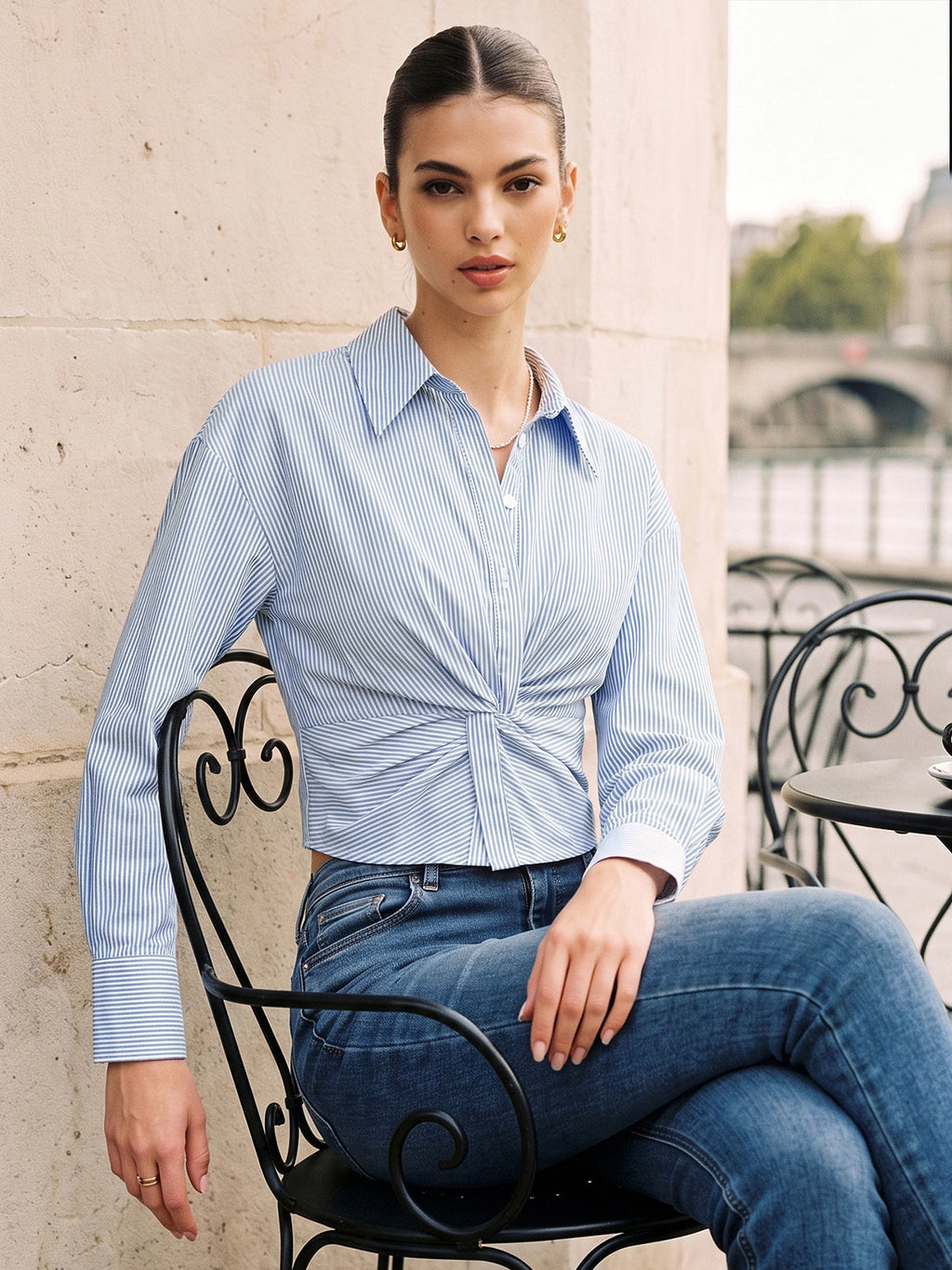 Striped Twisted Waist Long Sleeve Shirt