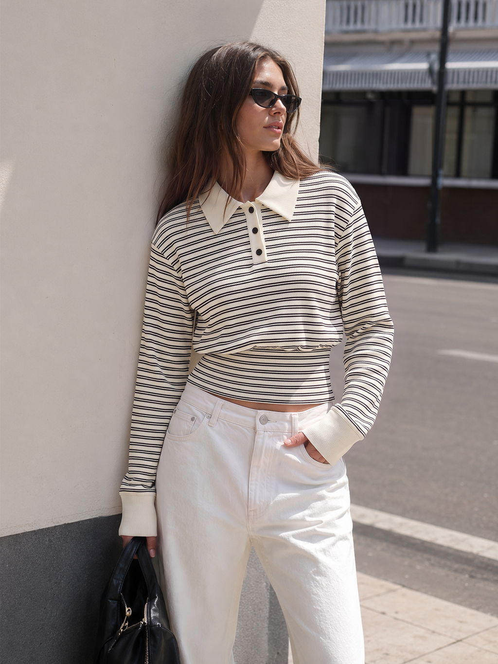 Striped Polo Ribbed Long Sleeve Top