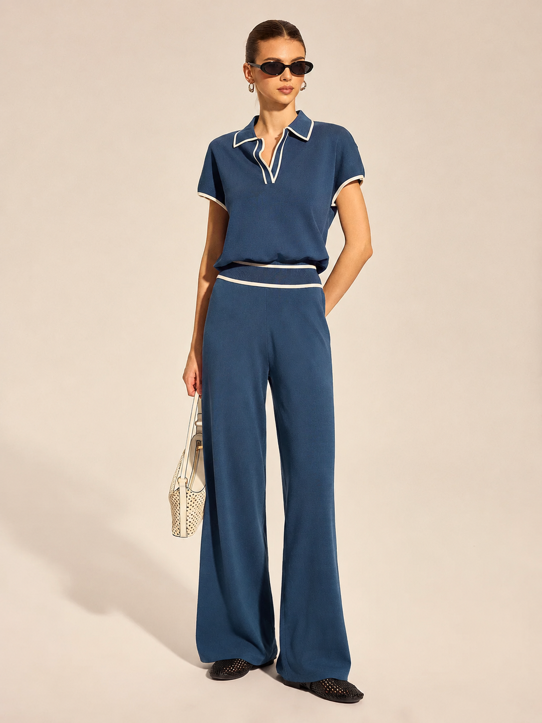 Contrast Trim Polo Knit Top & Pants Set