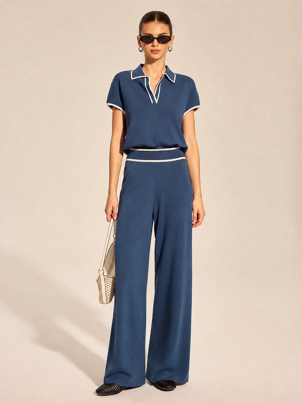 Contrast Trim Polo Knit Top & Pants Set