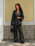 Contrast Piping Blouse & Drawstring Pants Set