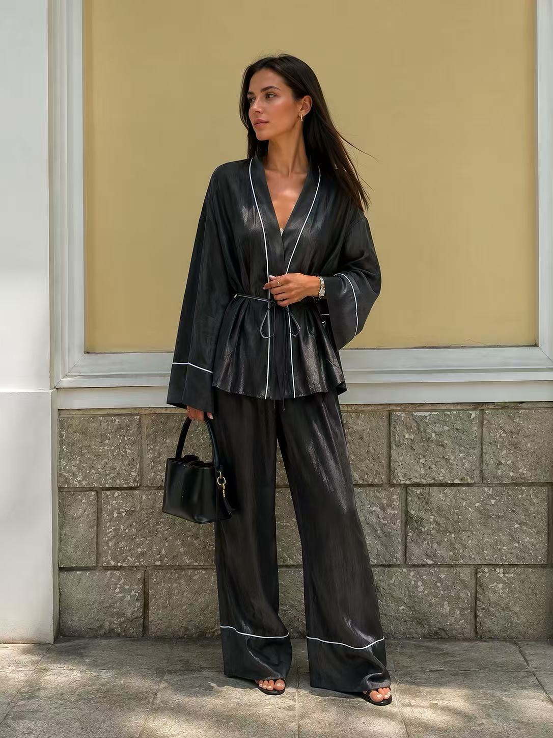 Contrast Piping Blouse & Drawstring Pants Set
