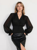 Sheer Puff Sleeve V-Neck Blouse