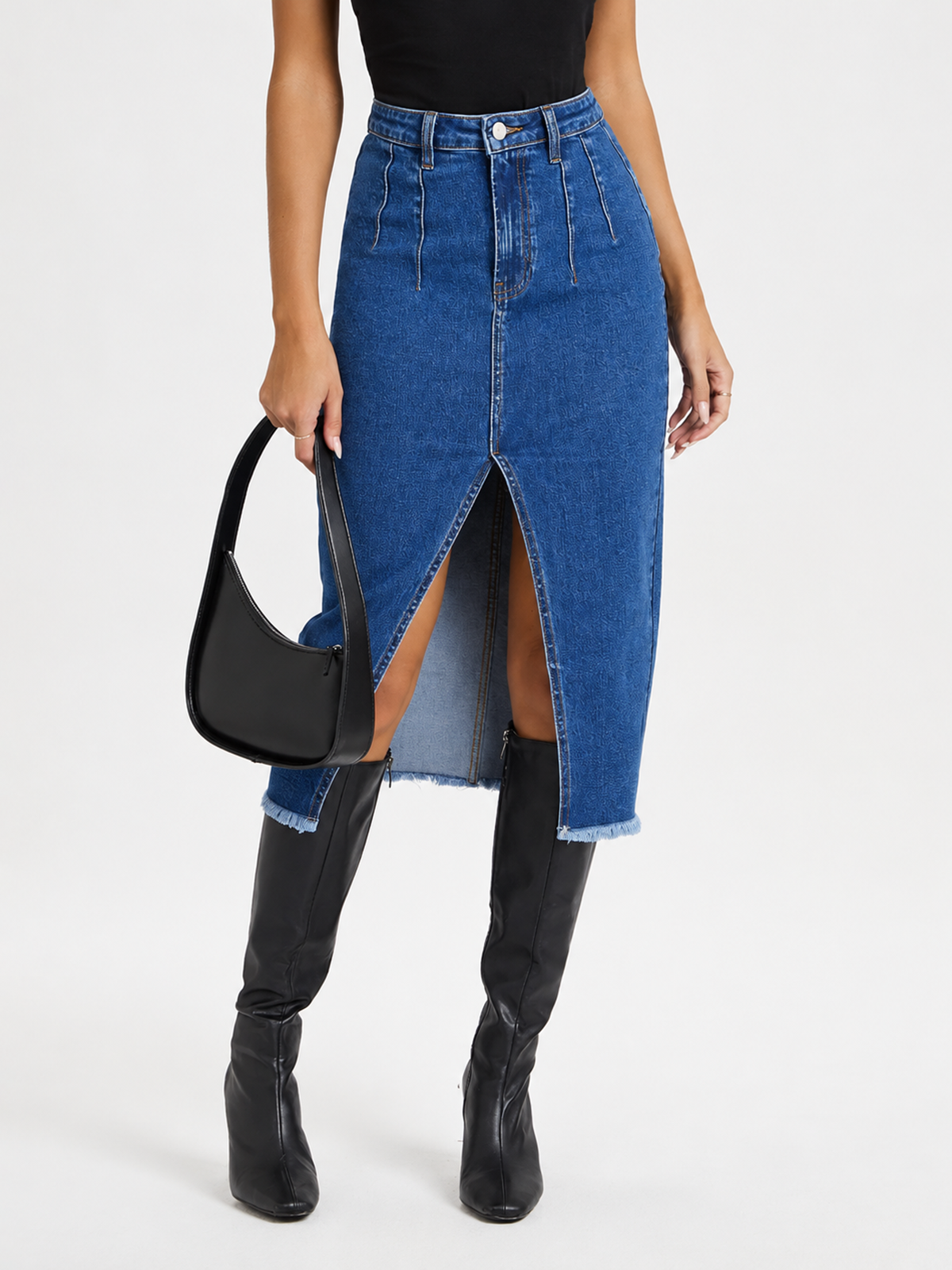 Front Slit Raw Hem Denim Midi Skirt