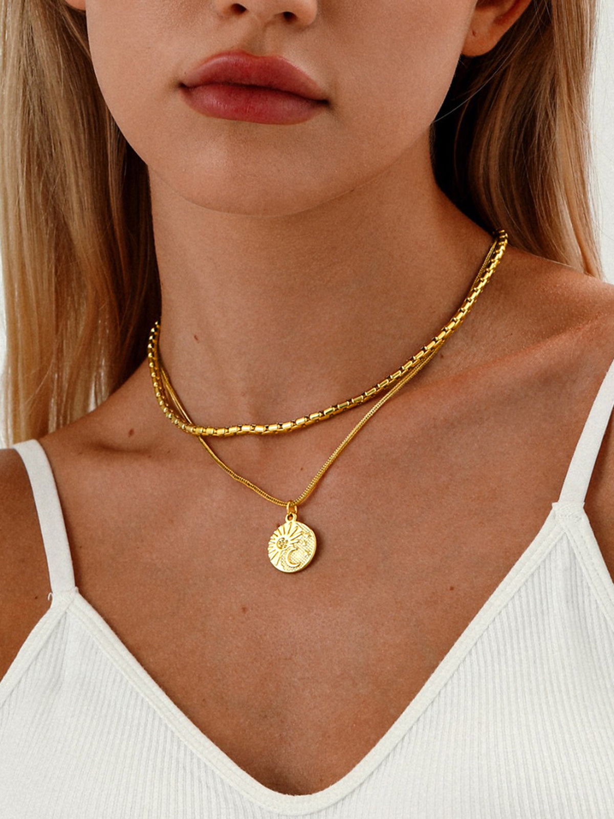 Double Layer Sun Moon Coin Pendant Necklace