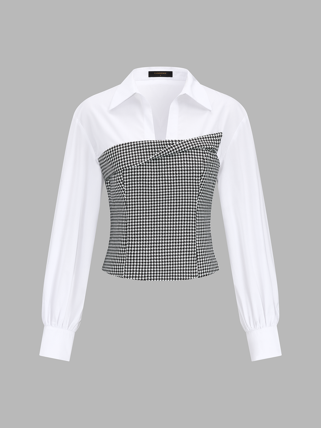 Houndstooth Spliced Collared Blouse