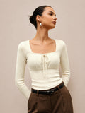 Square Neck Tie Ribbed Long Sleeve Top