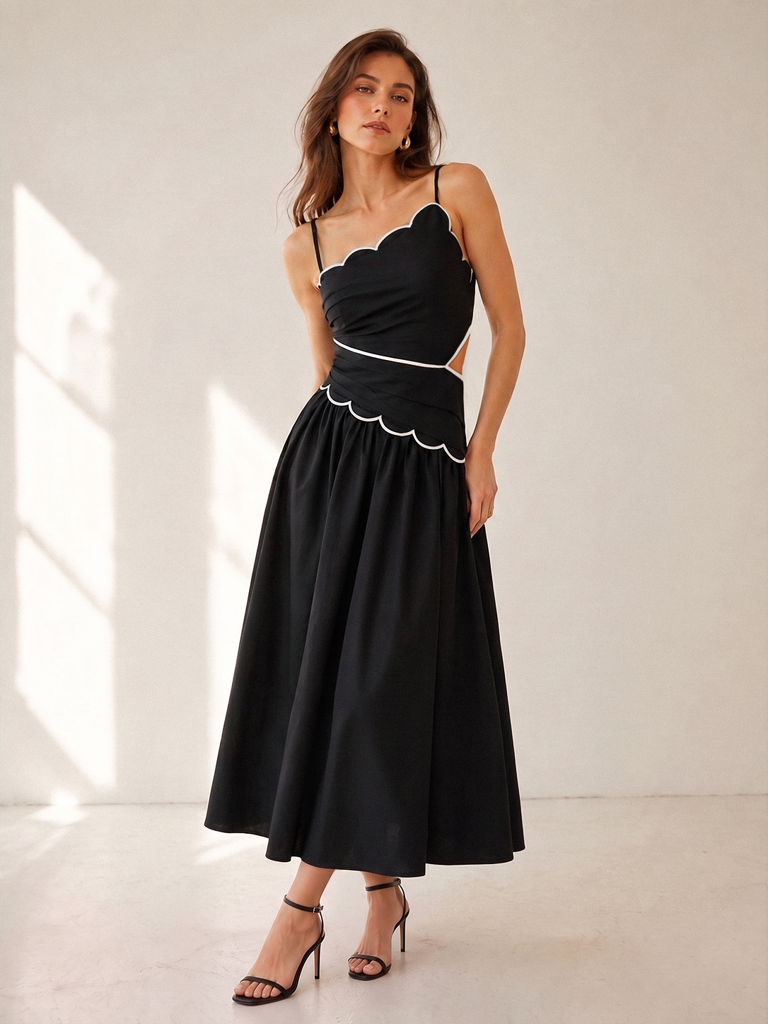 Scallop Trim Ruched Cotton Maxi Slip Dress