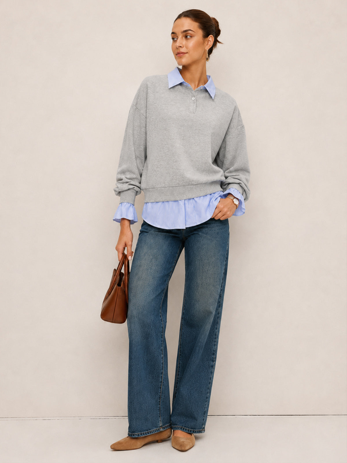 Striped Collar Fake Two Piece Sweatshirt