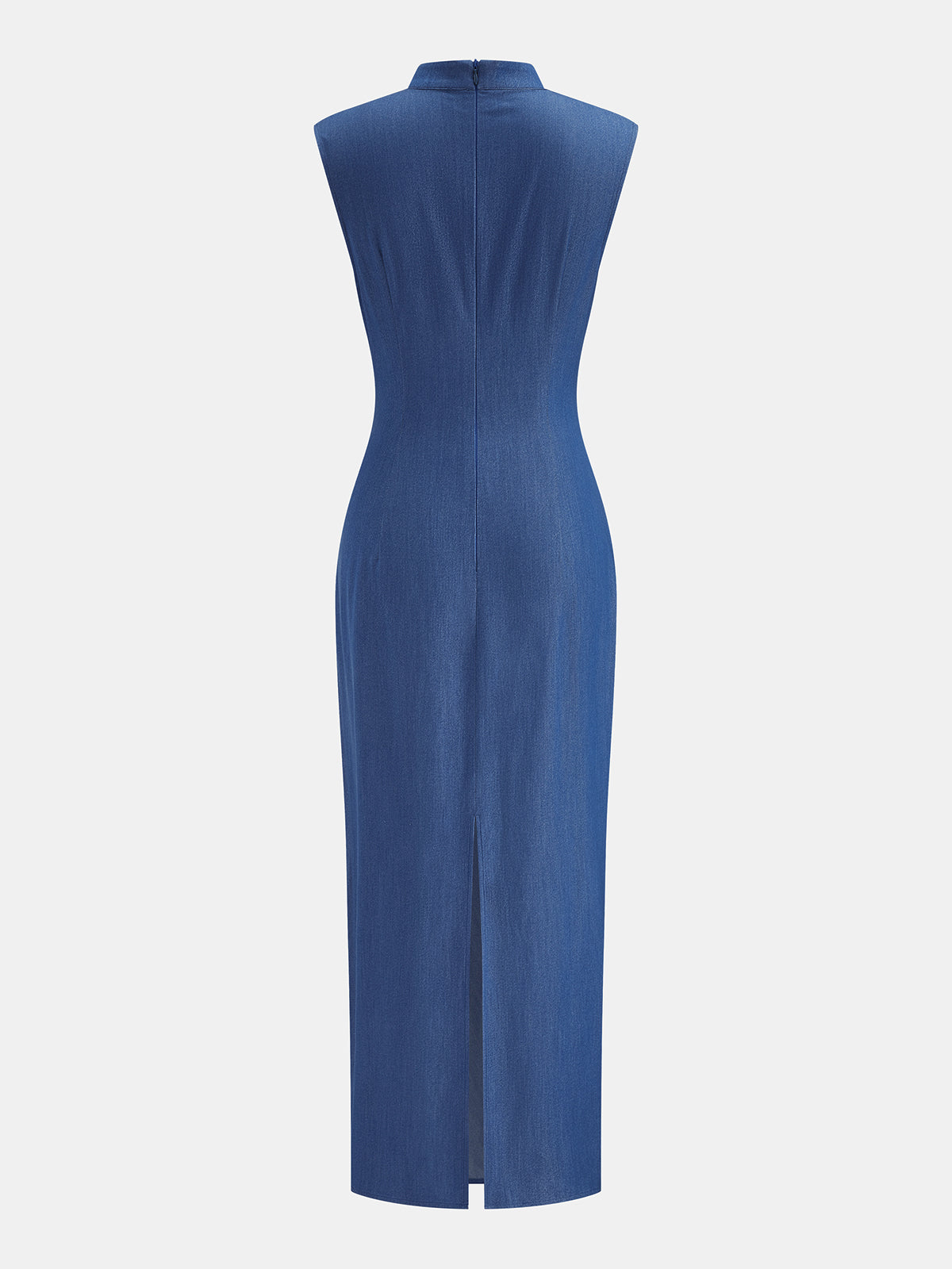 Ruched Keyhole Mandarin Collar Maxi Dress