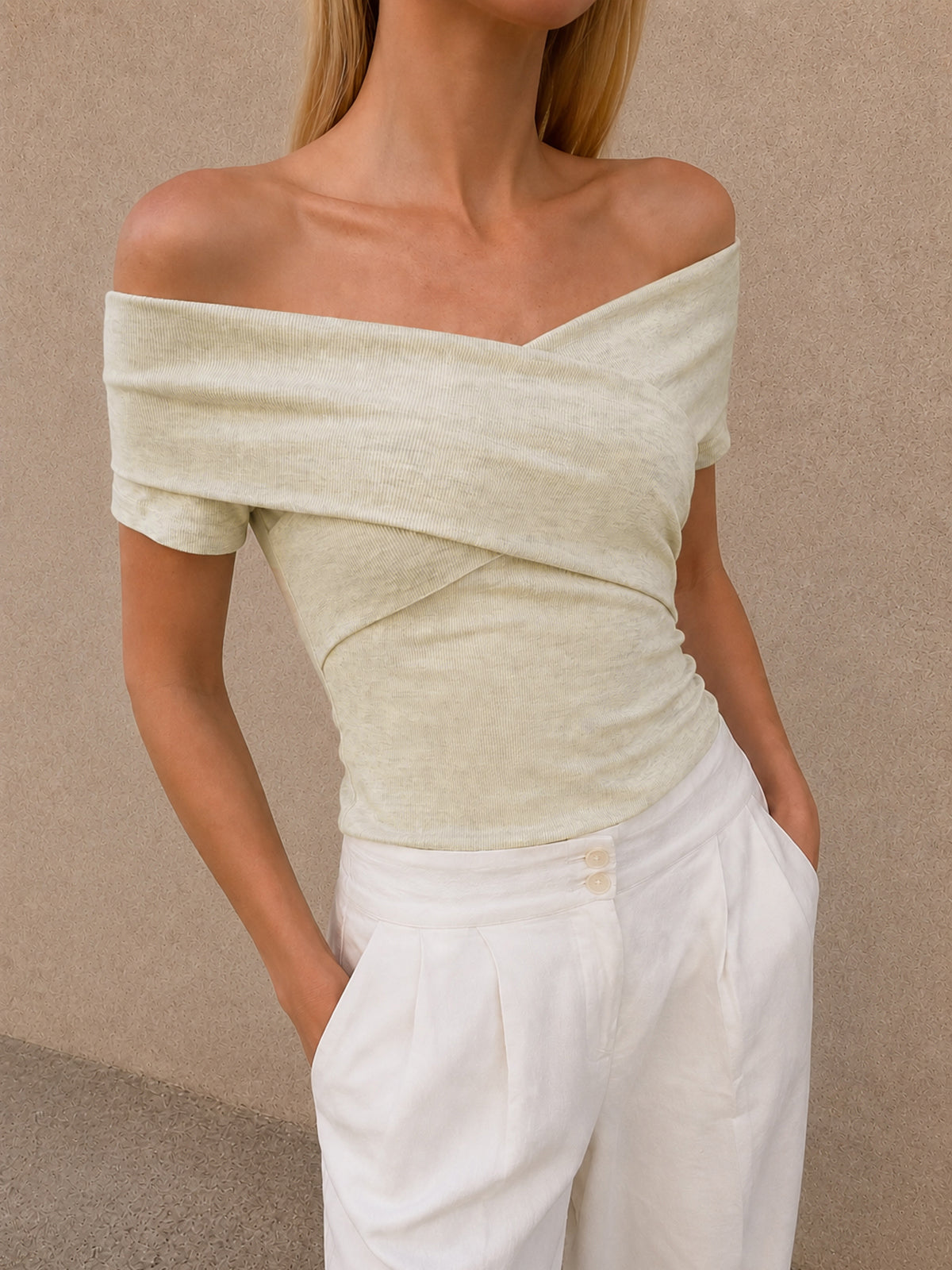 Wrap Off Shoulder Ribbed Fitted Top