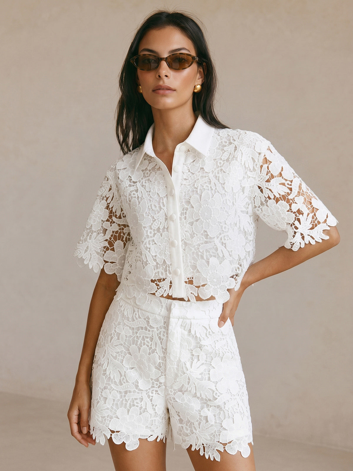 Guipure Lace Short Sleeve Shirt & Shorts Set