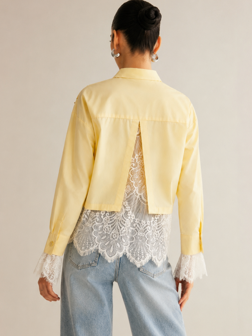 Lace Patchwork Cropped Cotton Shirt