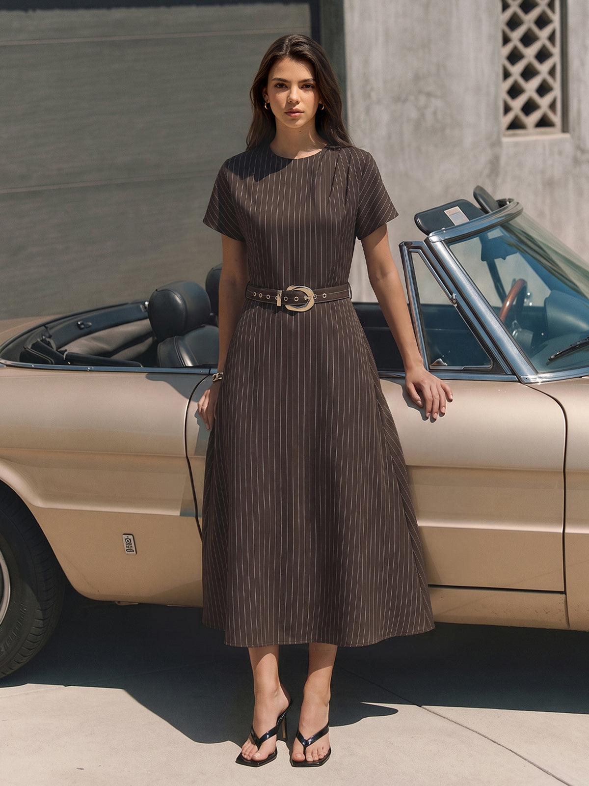Pinstripe Short Sleeve Belted Midi Dress