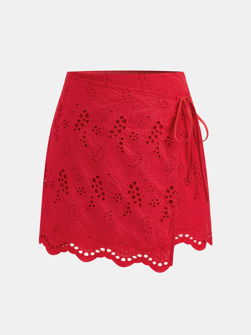 Eyelet Embroidery V-Neck Tie Waist Mini Skirt Set