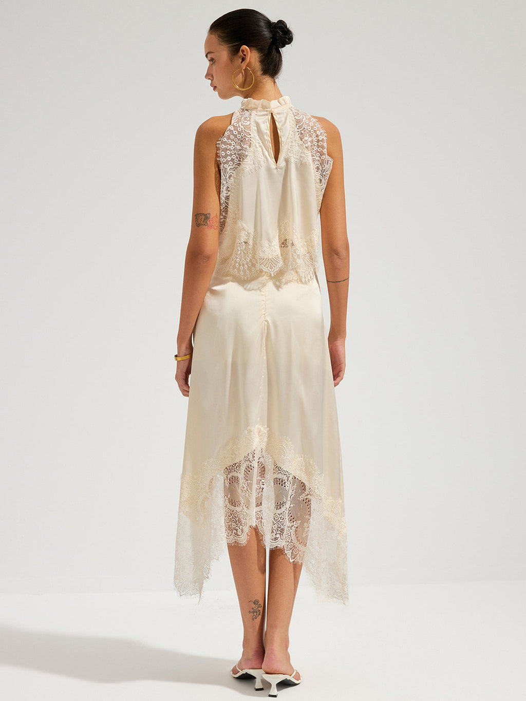 Satin Lace Trim Top & Asymmetrical Skirt Set