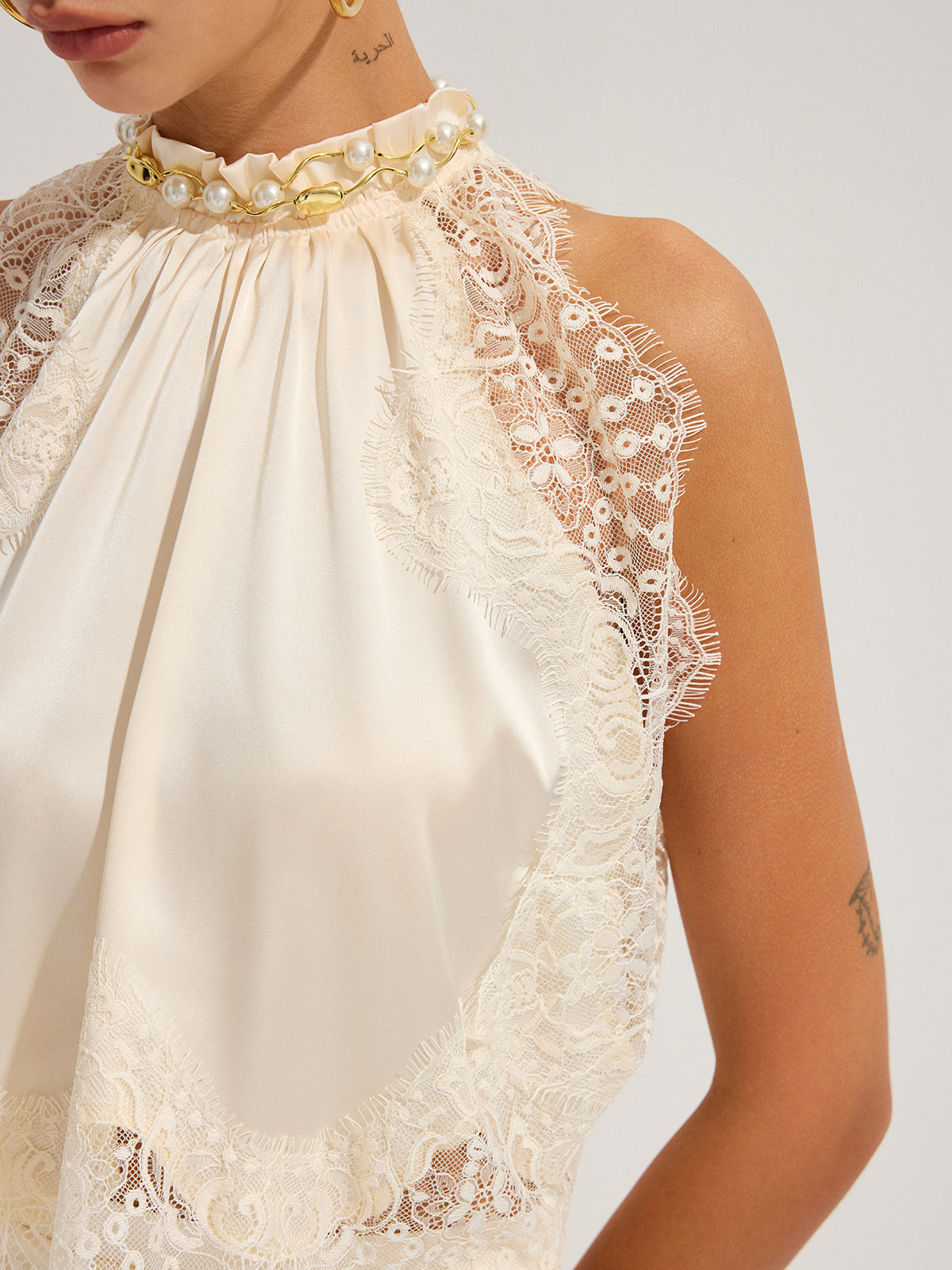 Satin Lace Trim Top & Asymmetrical Skirt Set