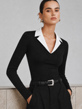 Contrast Lapel Fitted Long Sleeve Top