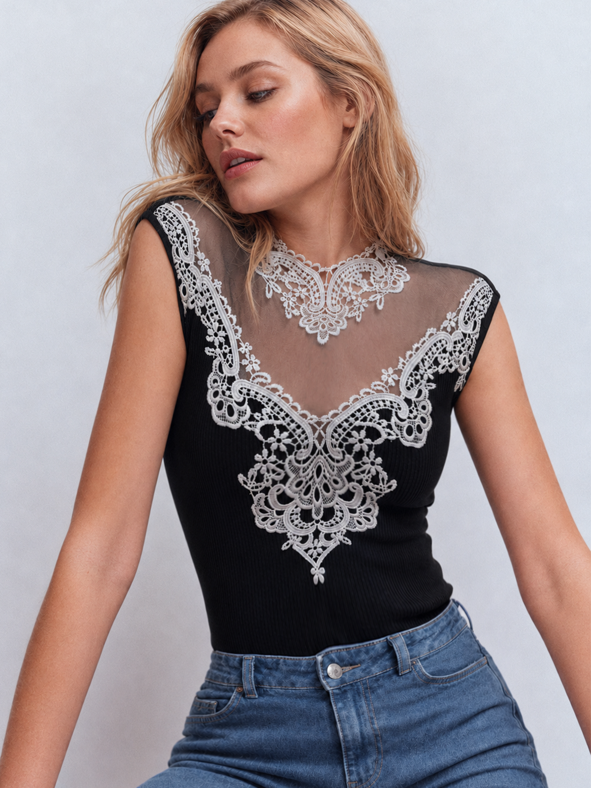Lace Mesh Sleeveless Ribbed Top