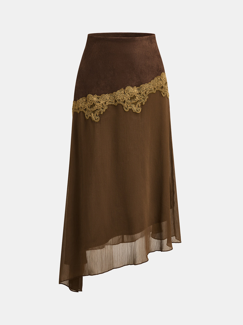 Lace Patchwork Asymmetrical Suede Effect Skirt