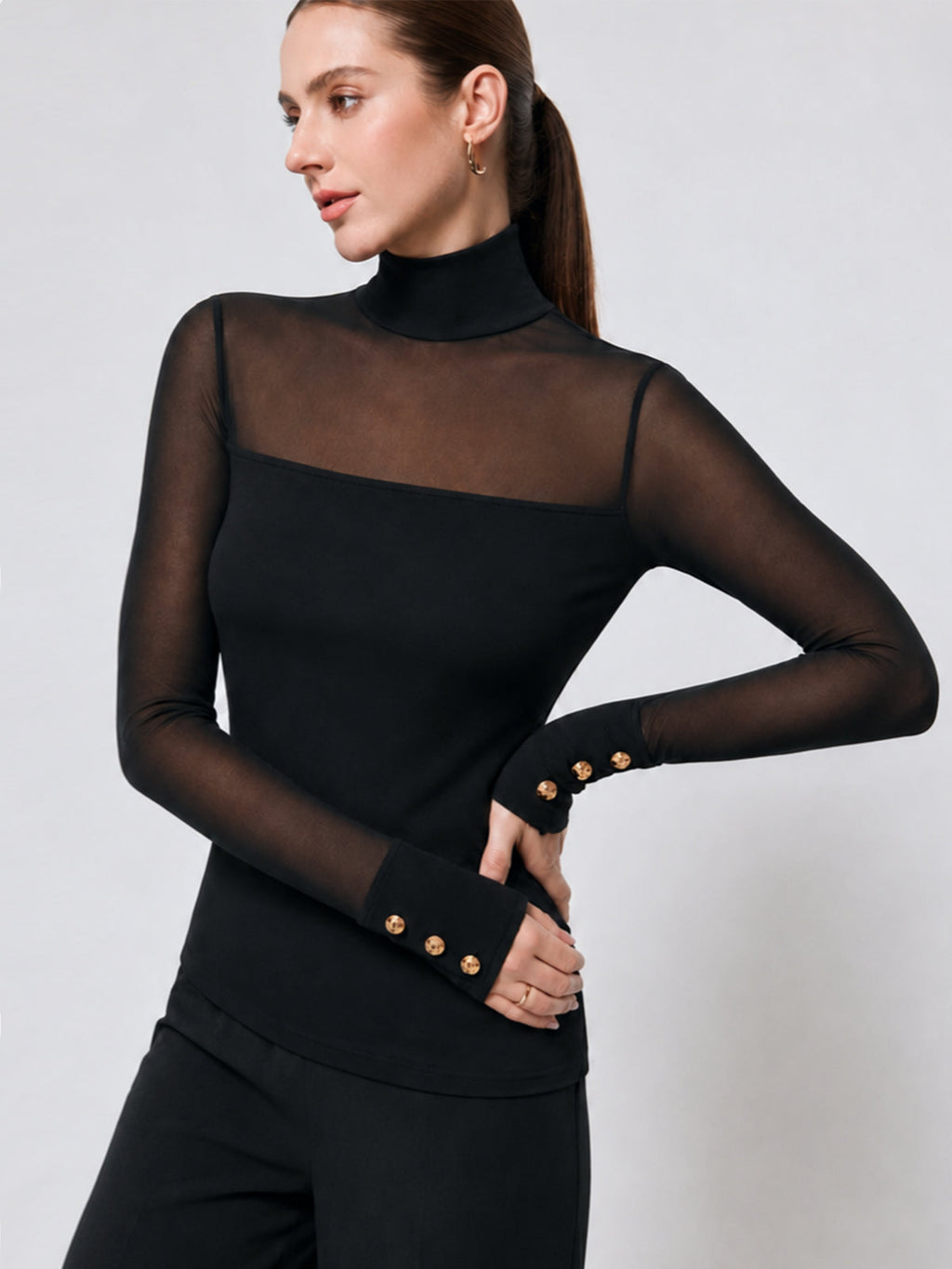 Mesh Spliced Turtleneck Fitted Top