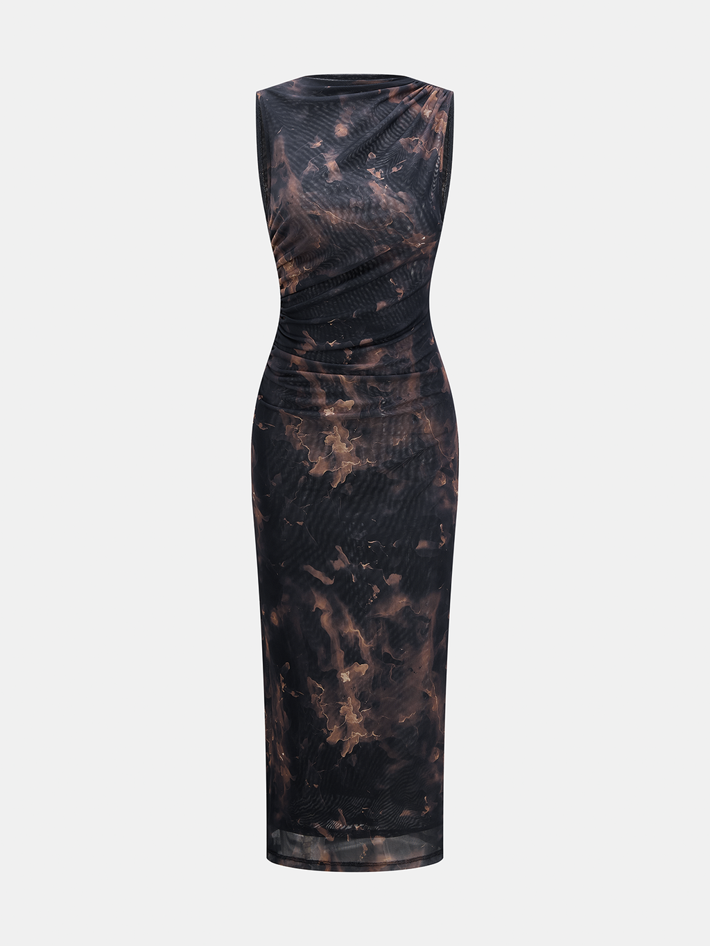 Tie-Dye Ruched Mesh Midi Dress