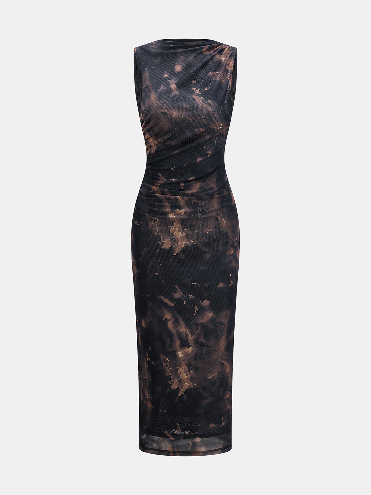 Tie-Dye Ruched Mesh Midi Dress