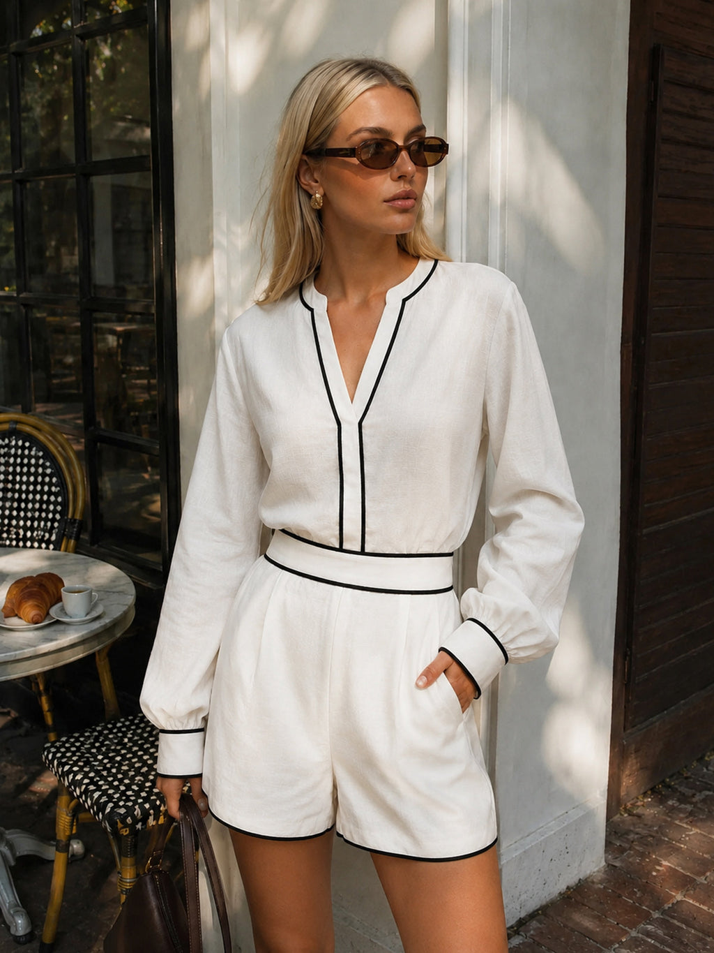 Contrast Trim Cotton Linen Two Piece Shorts Set
