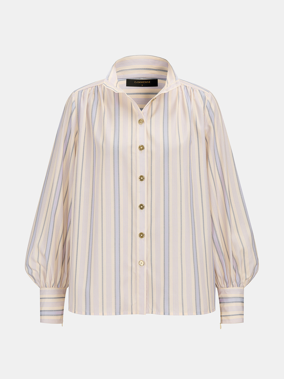 Striped Balloon Sleeve Button‑Down Shirt