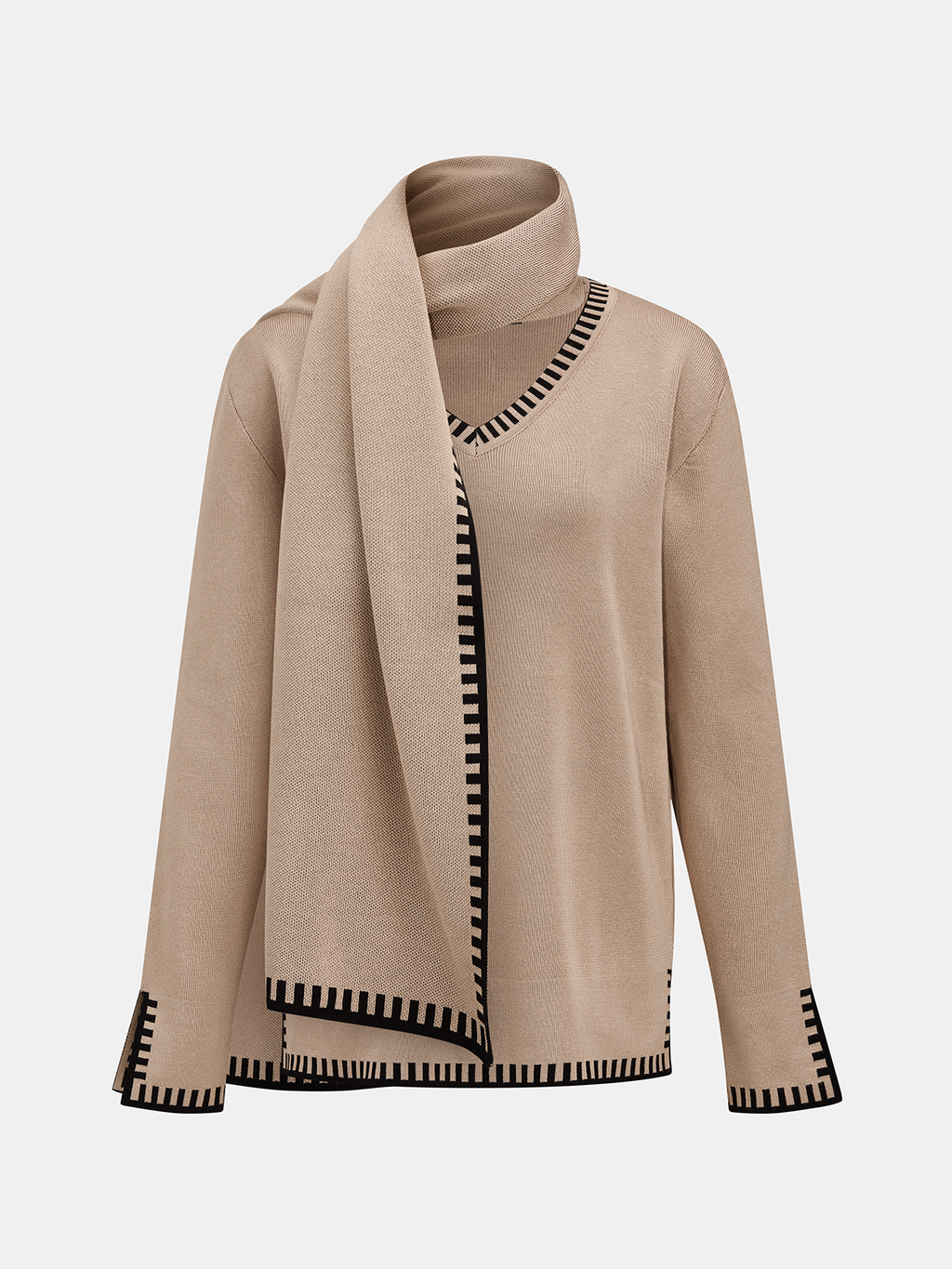 Contrast Trim Scarf Neck Knit Set