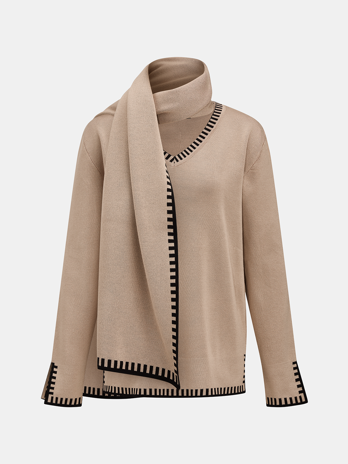 Contrast Trim Scarf Neck Knit Set