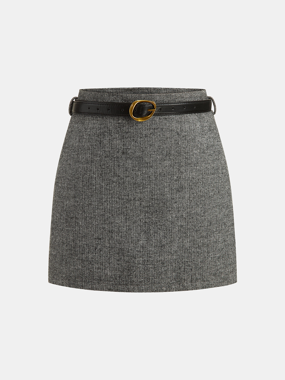 Belted Herringbone Wool Blend Mini Skirt