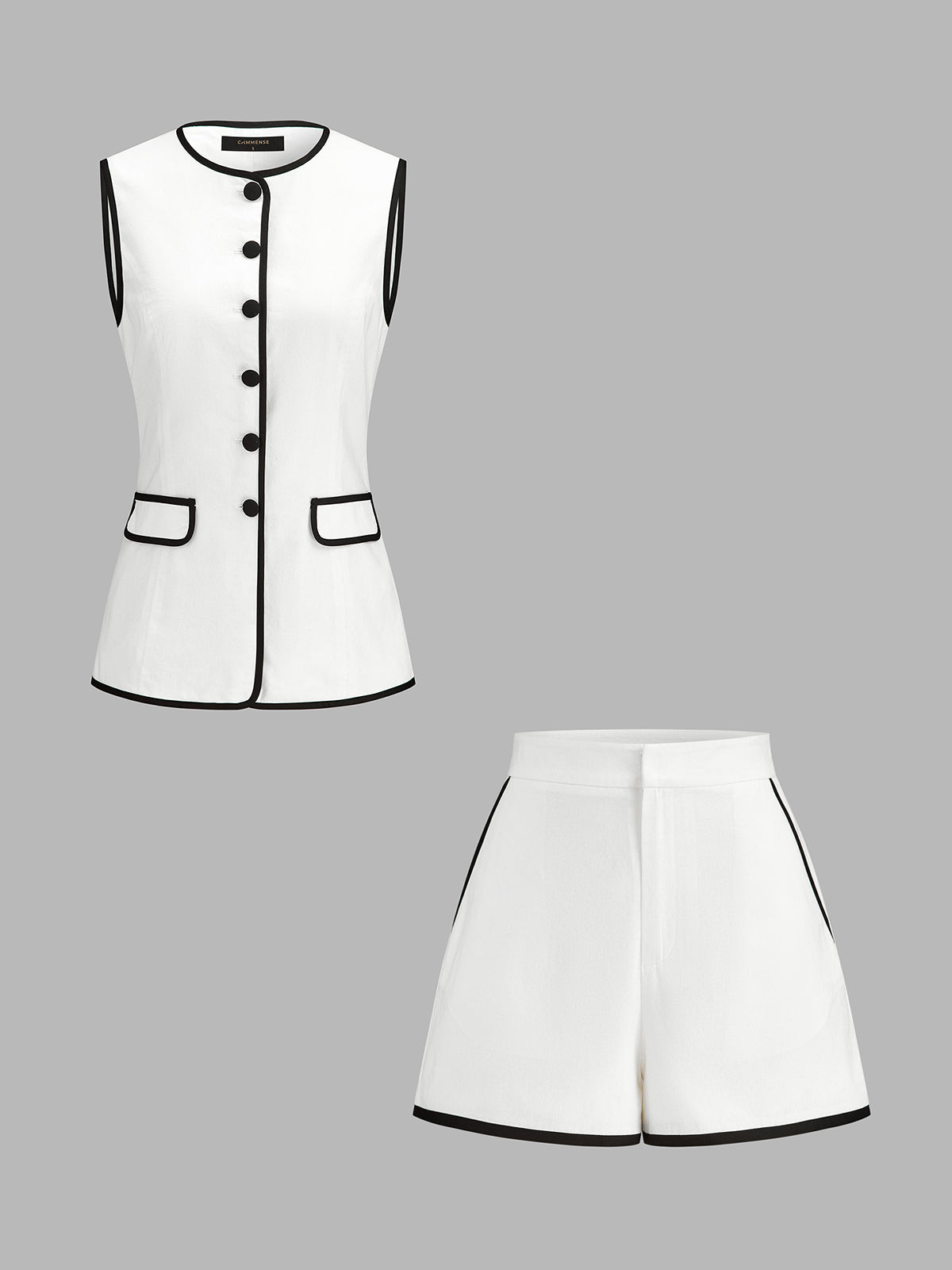 Contrast Piping Cotton Linen Two Piece Shorts Set