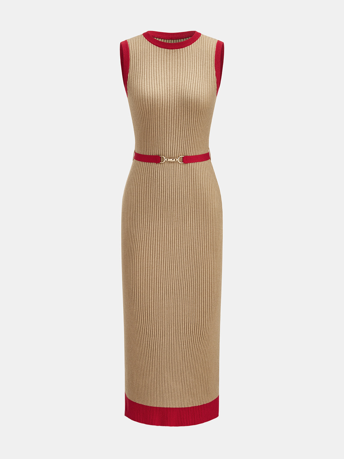Contrast Trim Belted Rib Knit Dress