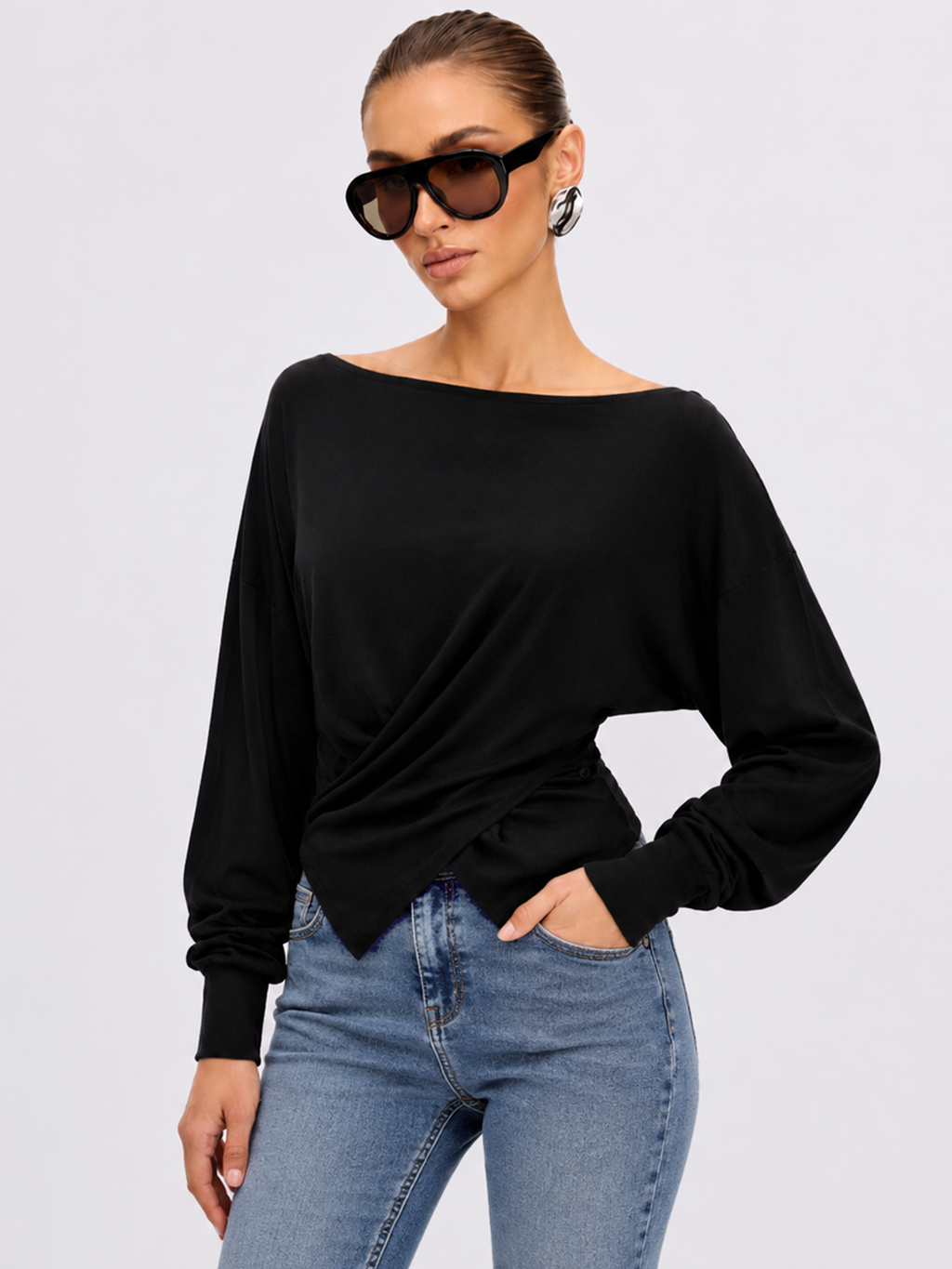 Wool Blend Batwing Sleeve Wrap Knit Top