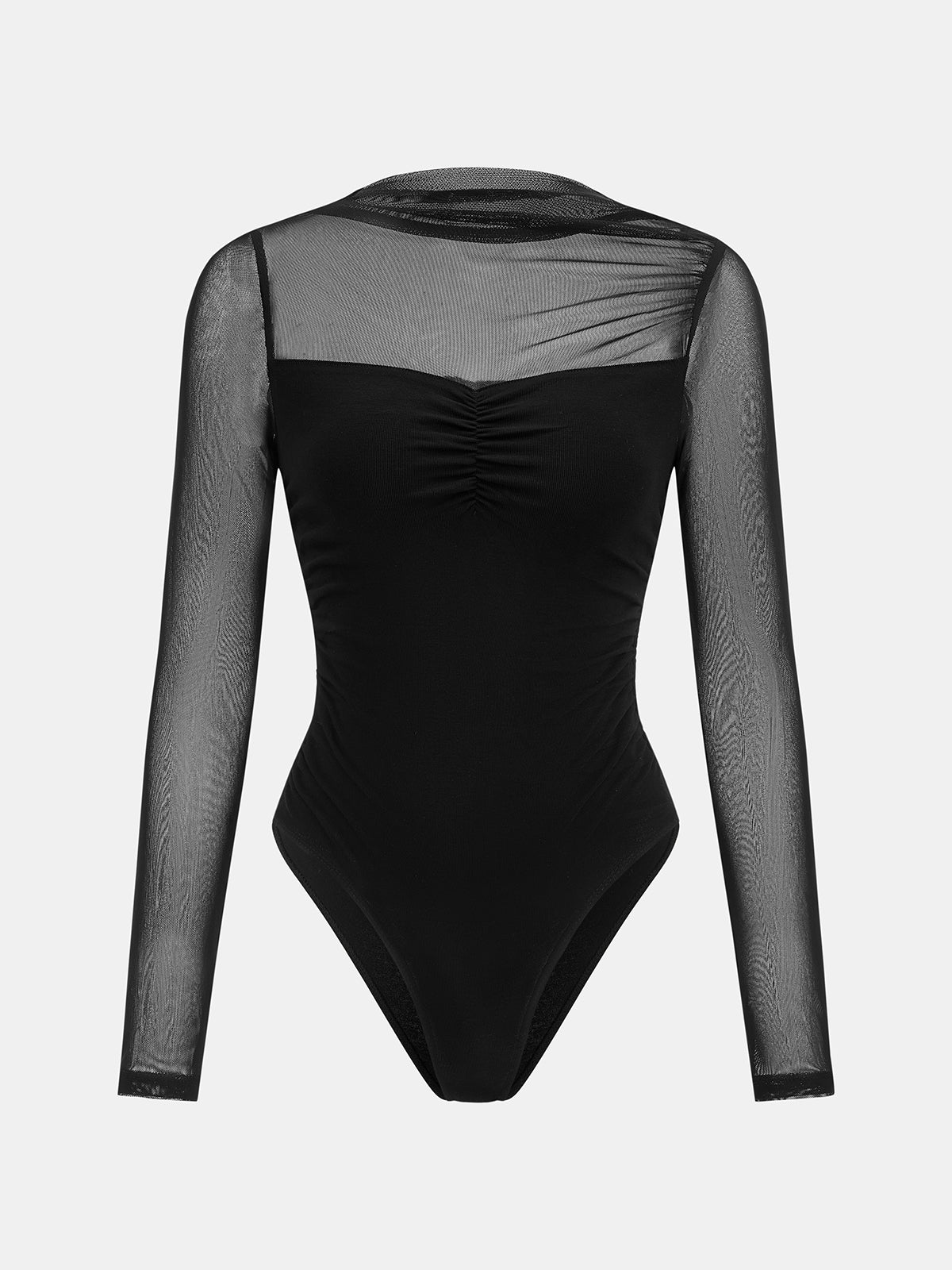 Sheer Mesh Panel Ruched Bodysuit