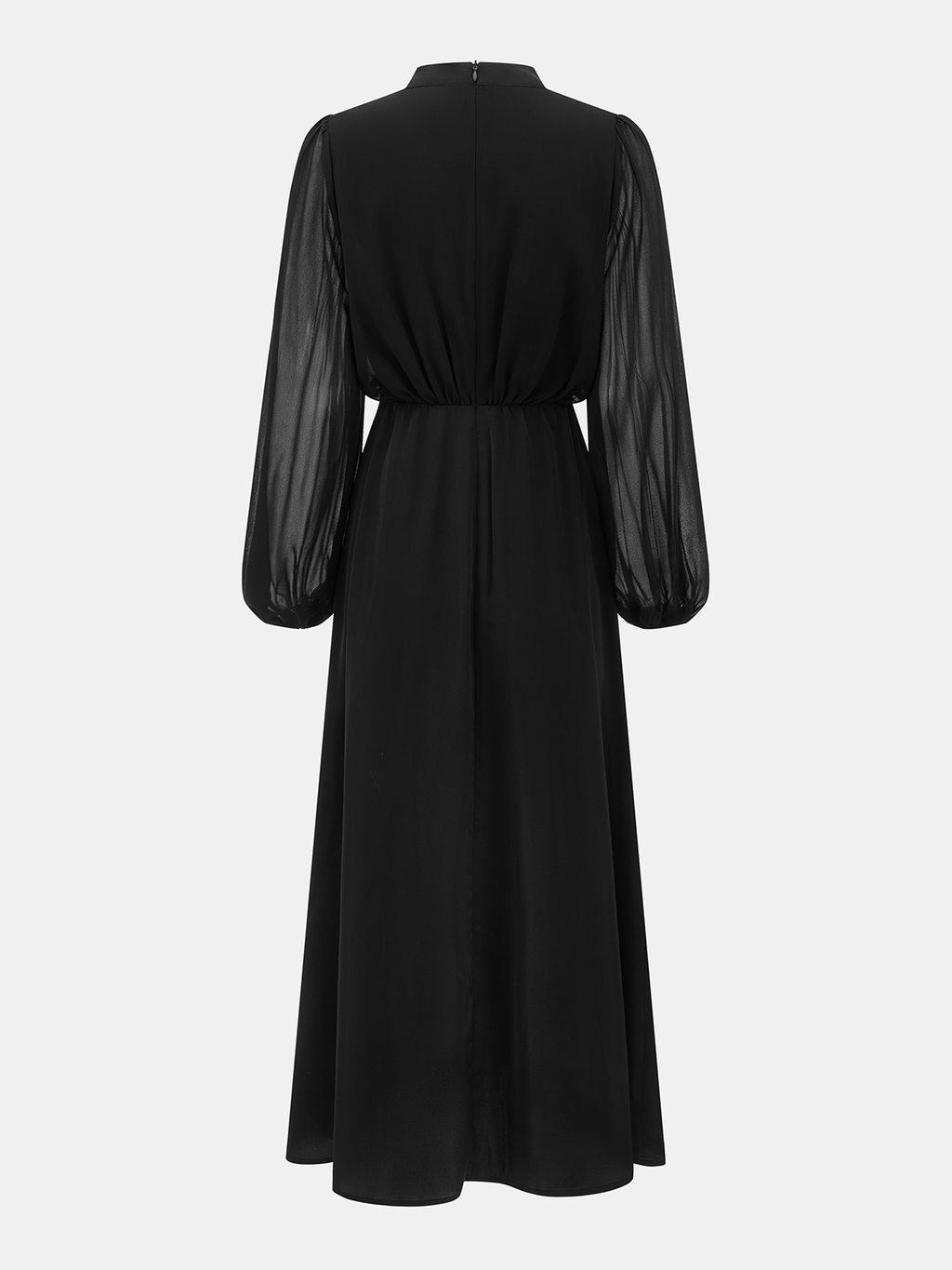High Neck Sheer Puff Sleeve Slit Midi Dress