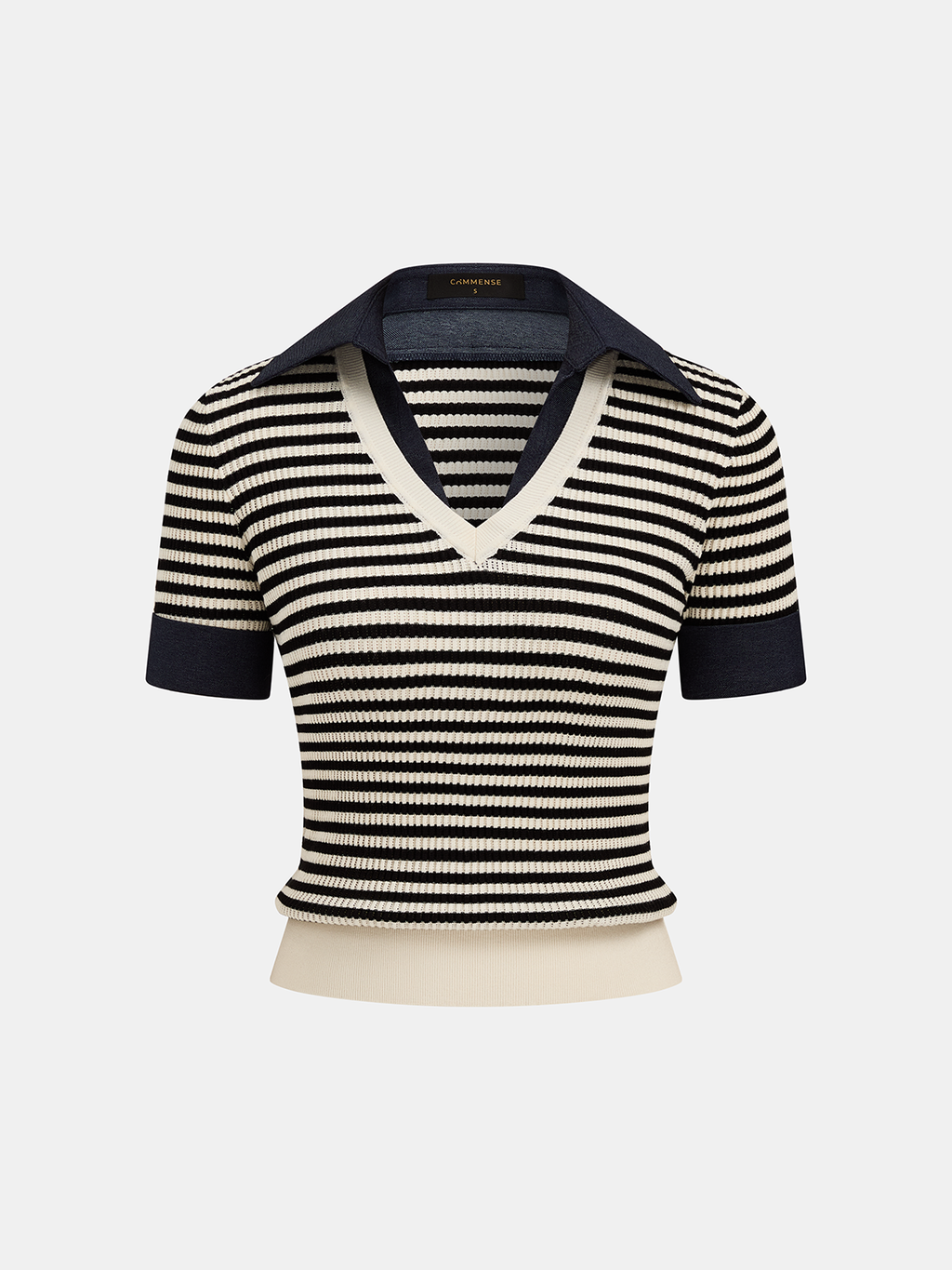 Striped Lapel V Neck Knit Top