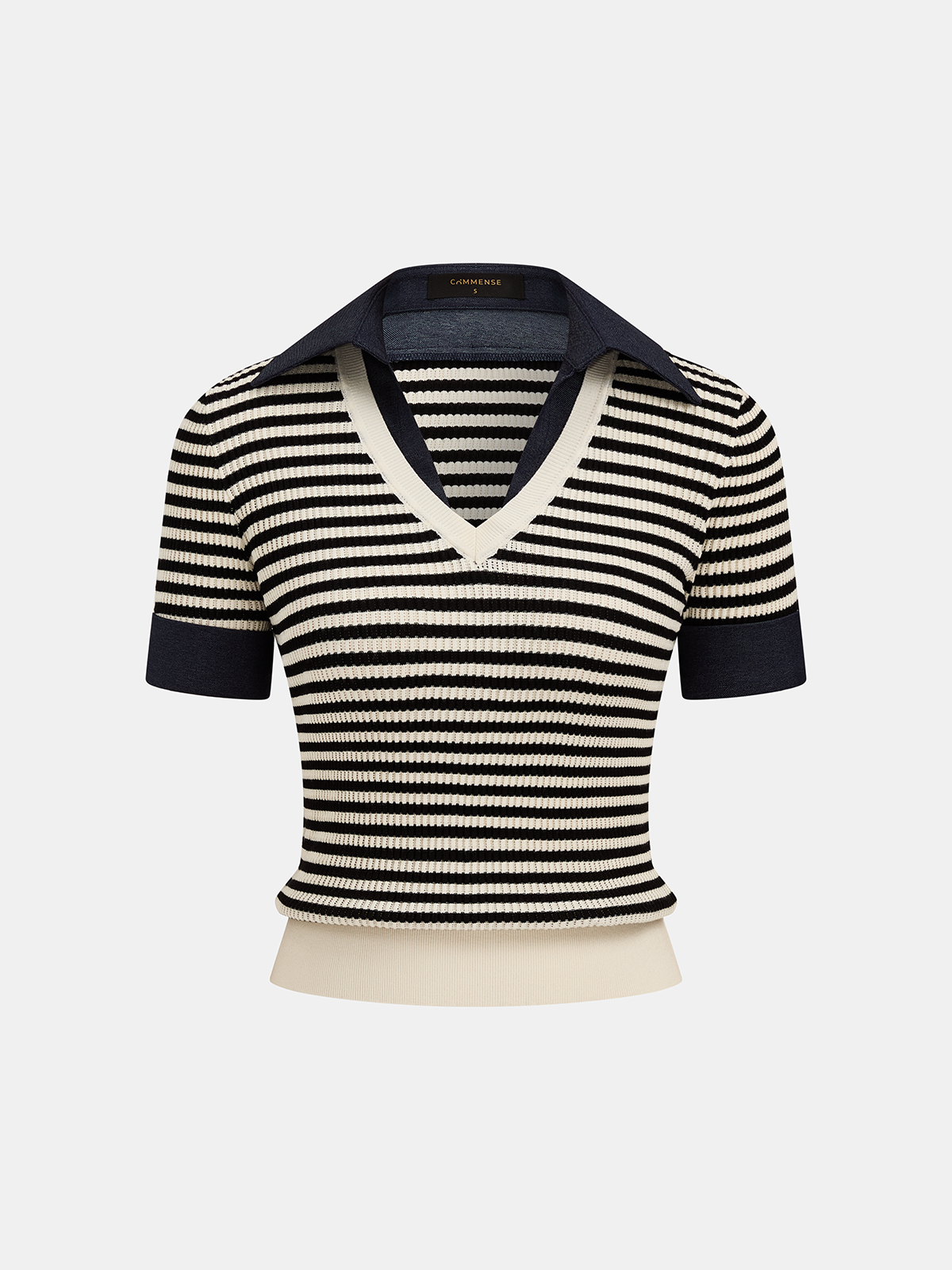 Striped Lapel V Neck Knit Top